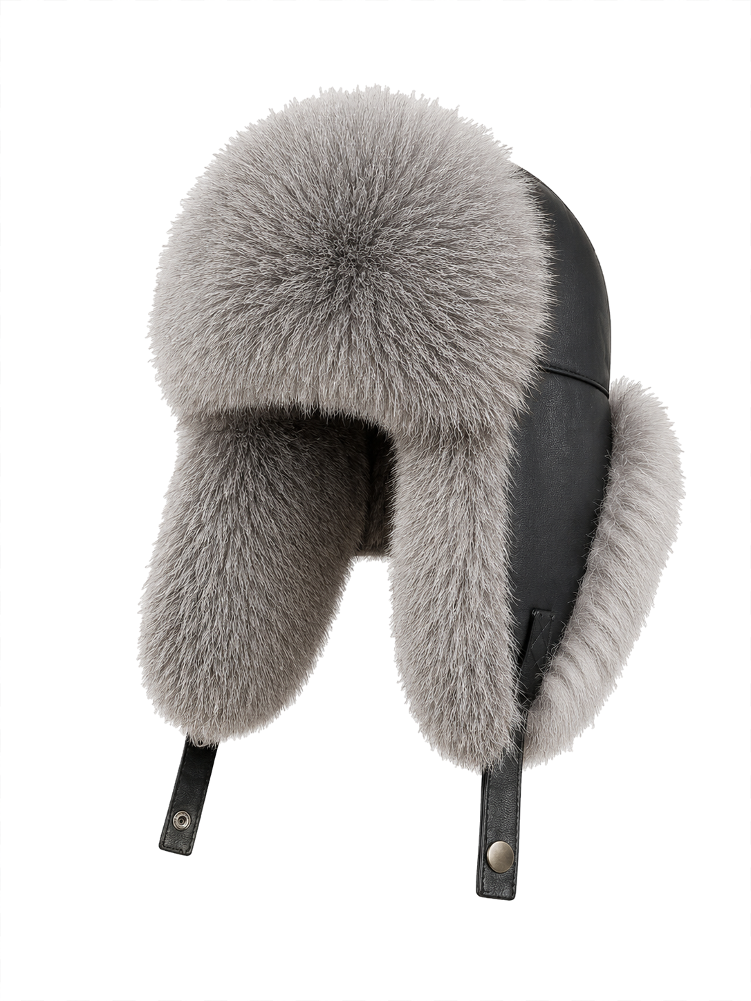 Men's Silver Gray Fox fur and black sheepskin leather trapper hat