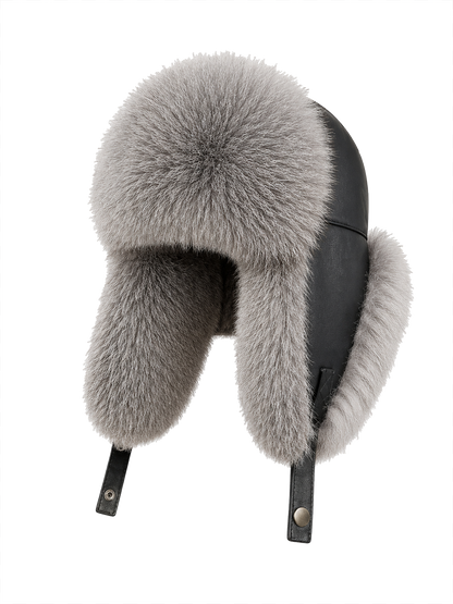 Men's Silver Gray Fox fur and black sheepskin leather trapper hat