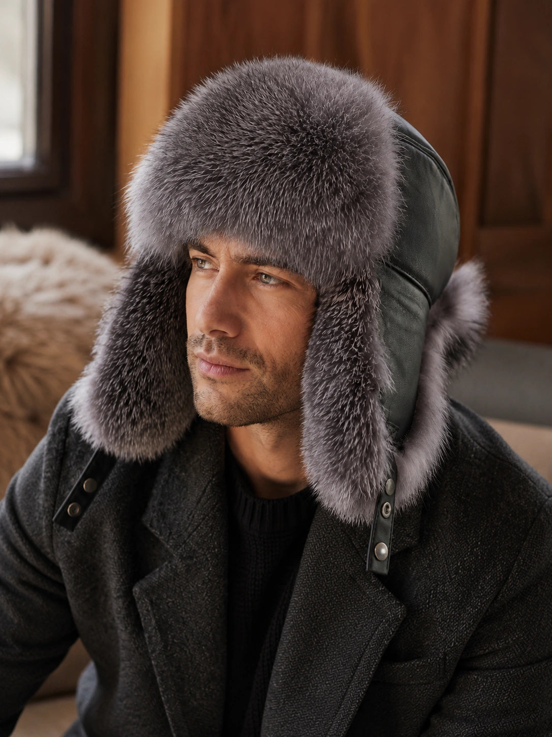 Close view of a Silver Gray Fox fur and sheepskin trapper hat
