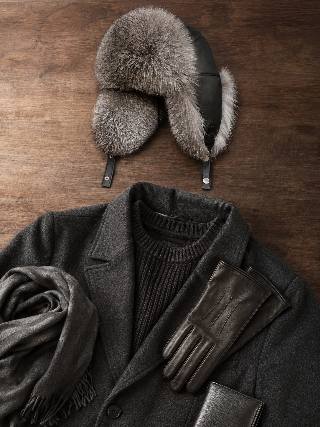 Silver Gray Fox fur trapper hat with black winter coat and gloves