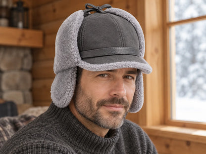 Adult man wearing a charcoal gray genuine sheepskin leather earflap cap in a warm winter cabin
