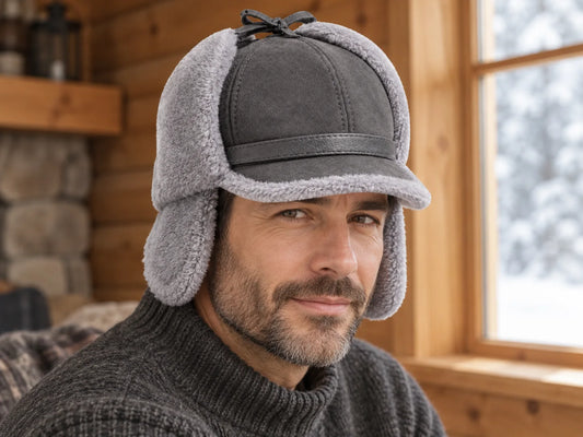 Adult man wearing a charcoal gray genuine sheepskin leather earflap cap in a warm winter cabin