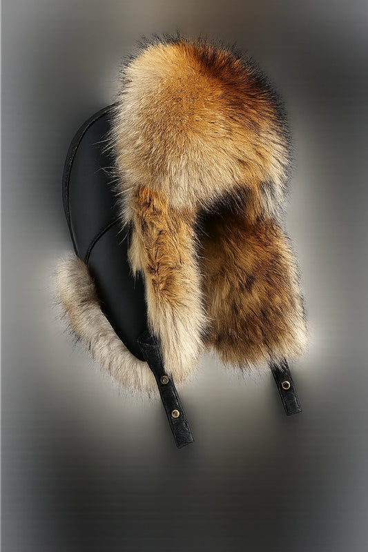Men's natural raccoon and fox fur leather winter trapper hat