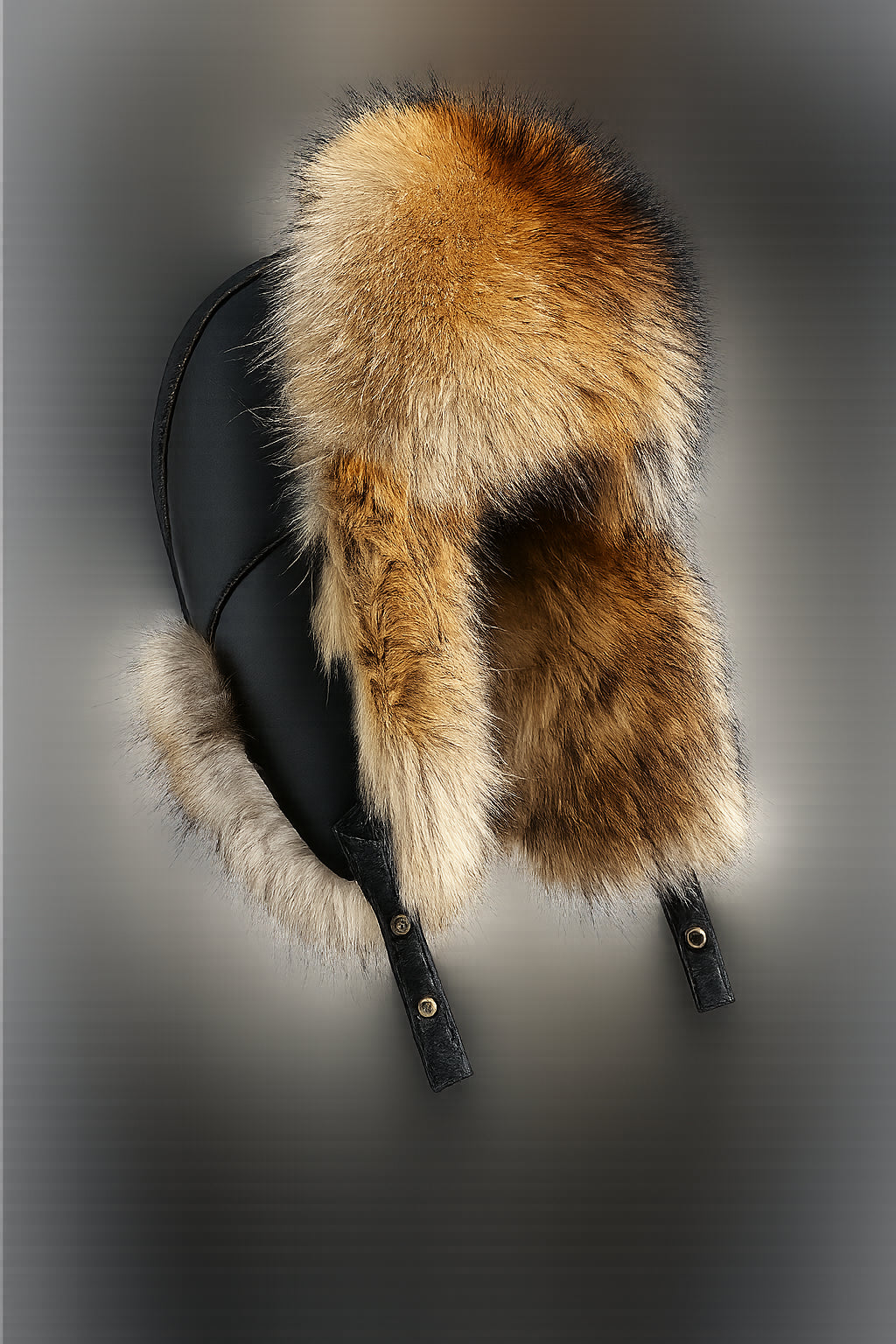 Men's natural raccoon and fox fur leather winter trapper hat