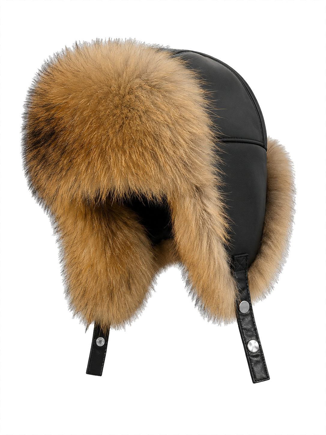 Men's Raccoon Brown fur and black sheepskin leather trapper hat