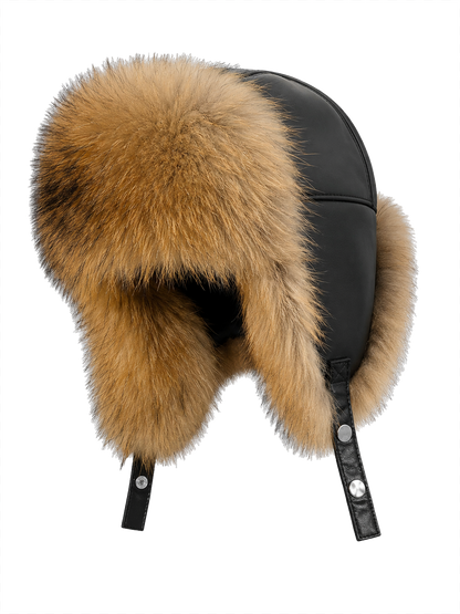 Men's Raccoon Brown fur and black sheepskin leather trapper hat
