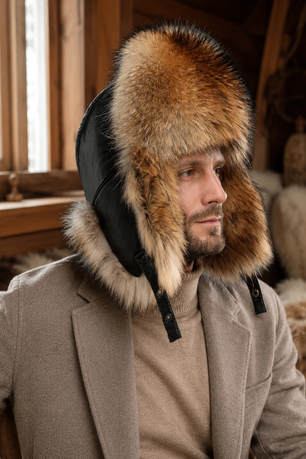 Men wearing a natural raccoon and fox fur leather trapper hat in a warm cabin