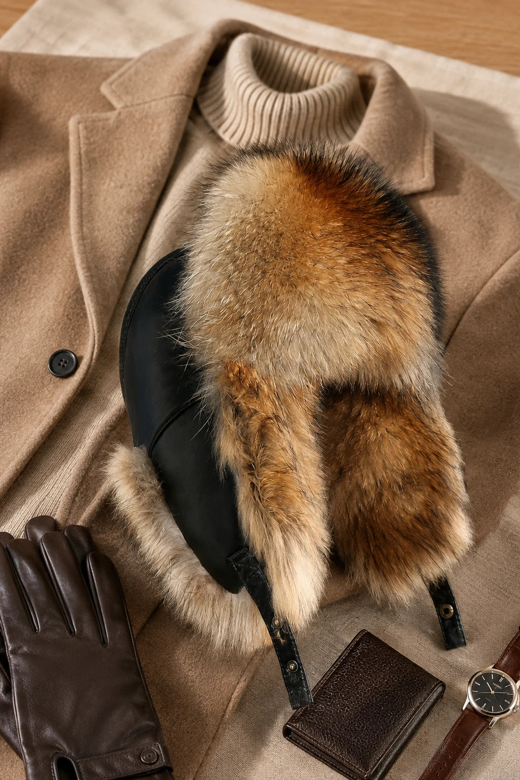 Natural raccoon fur leather trapper hat styled with winter coat and leather accessories