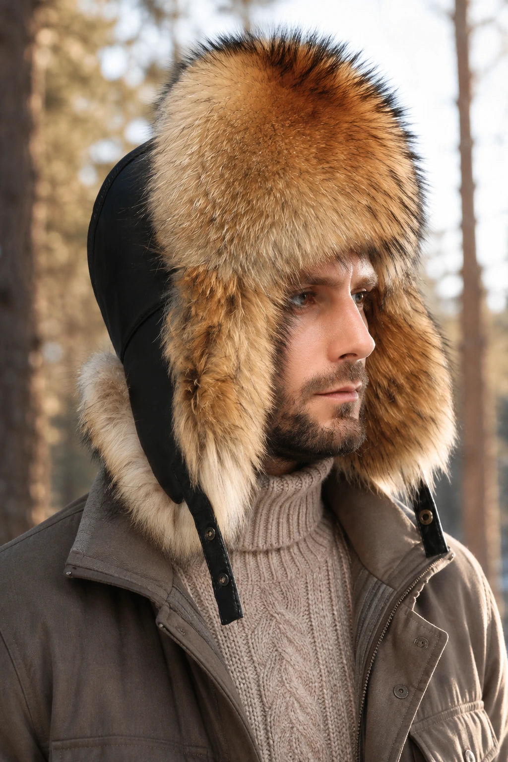 Men wearing a natural raccoon fur leather trapper hat in a winter forest