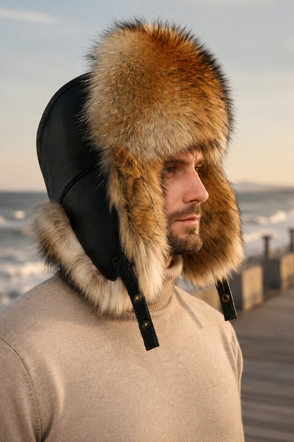 Men wearing a natural raccoon fur leather trapper hat during winter travel