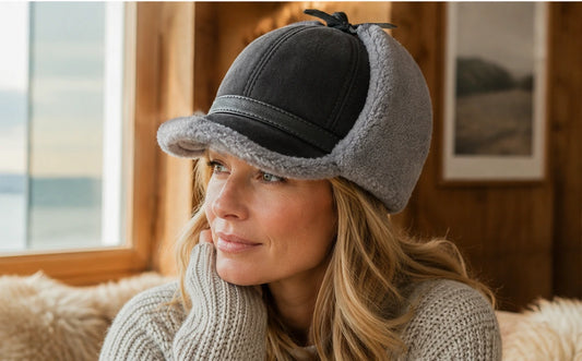 Charcoal gray sheepskin leather earflap cap worn indoors with natural winter layers