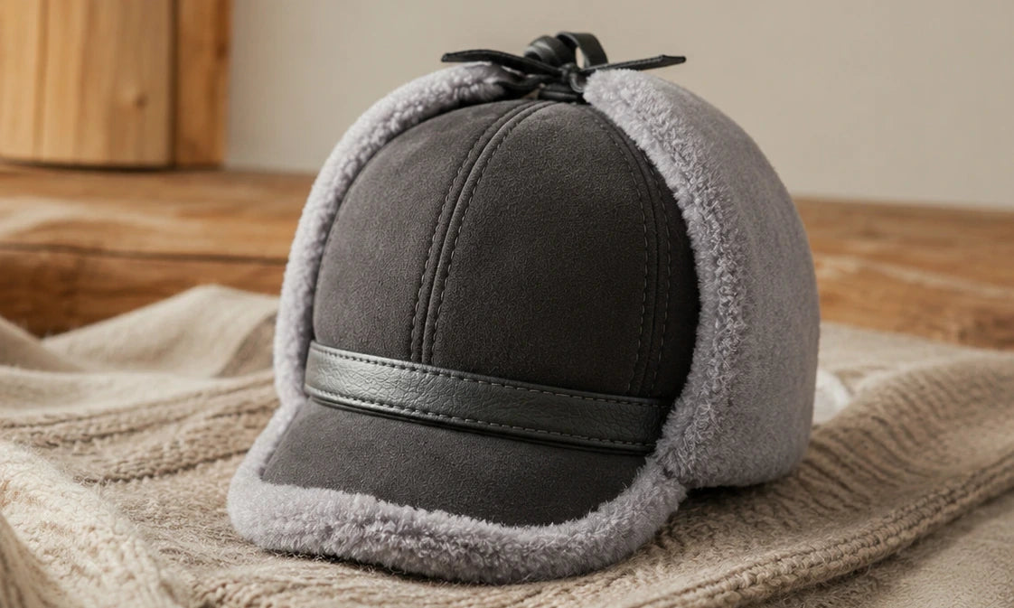 Charcoal gray sheepskin leather earflap cap styled on neutral wool layers
