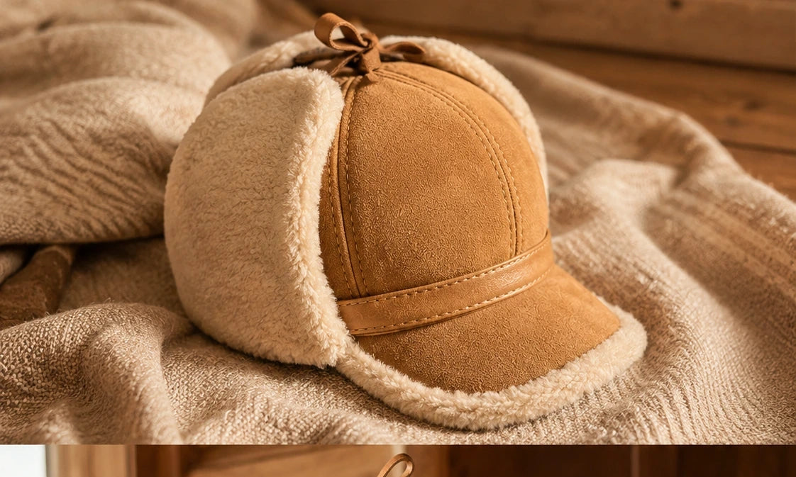 Camel tan sheepskin leather earflap cap styled with warm winter textiles
