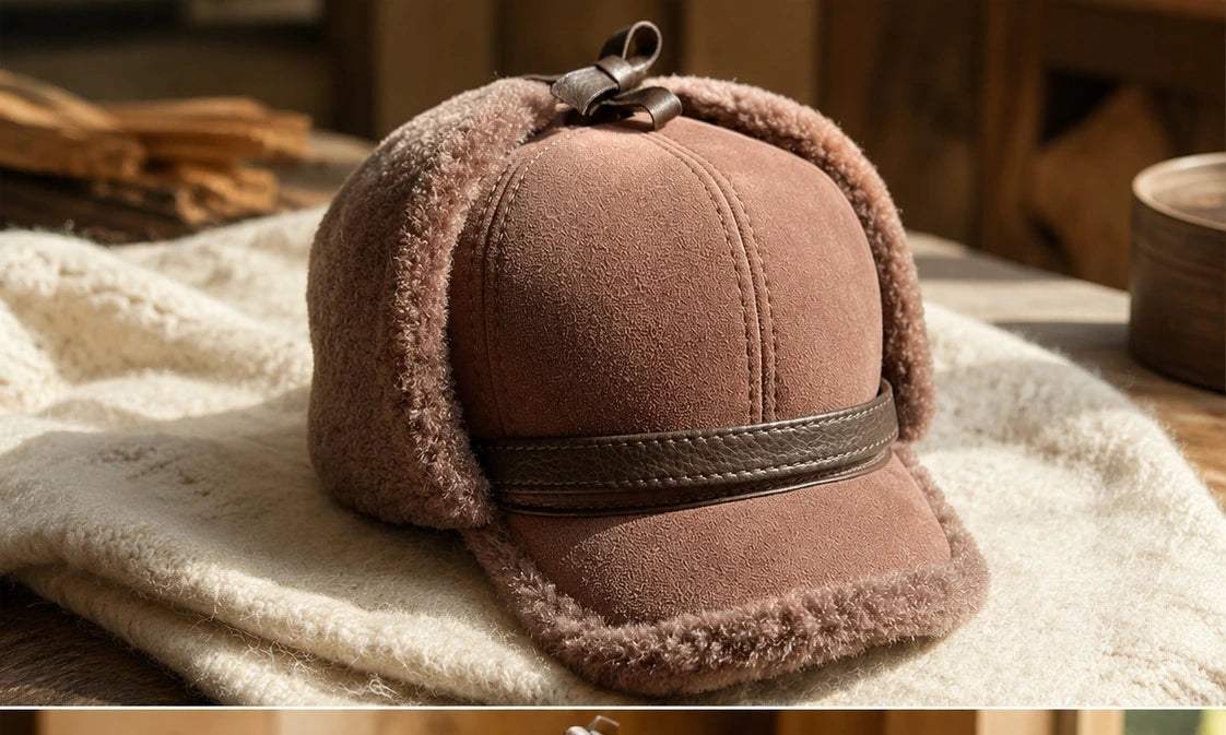 Mocha brown sheepskin leather earflap cap styled in a wood interior