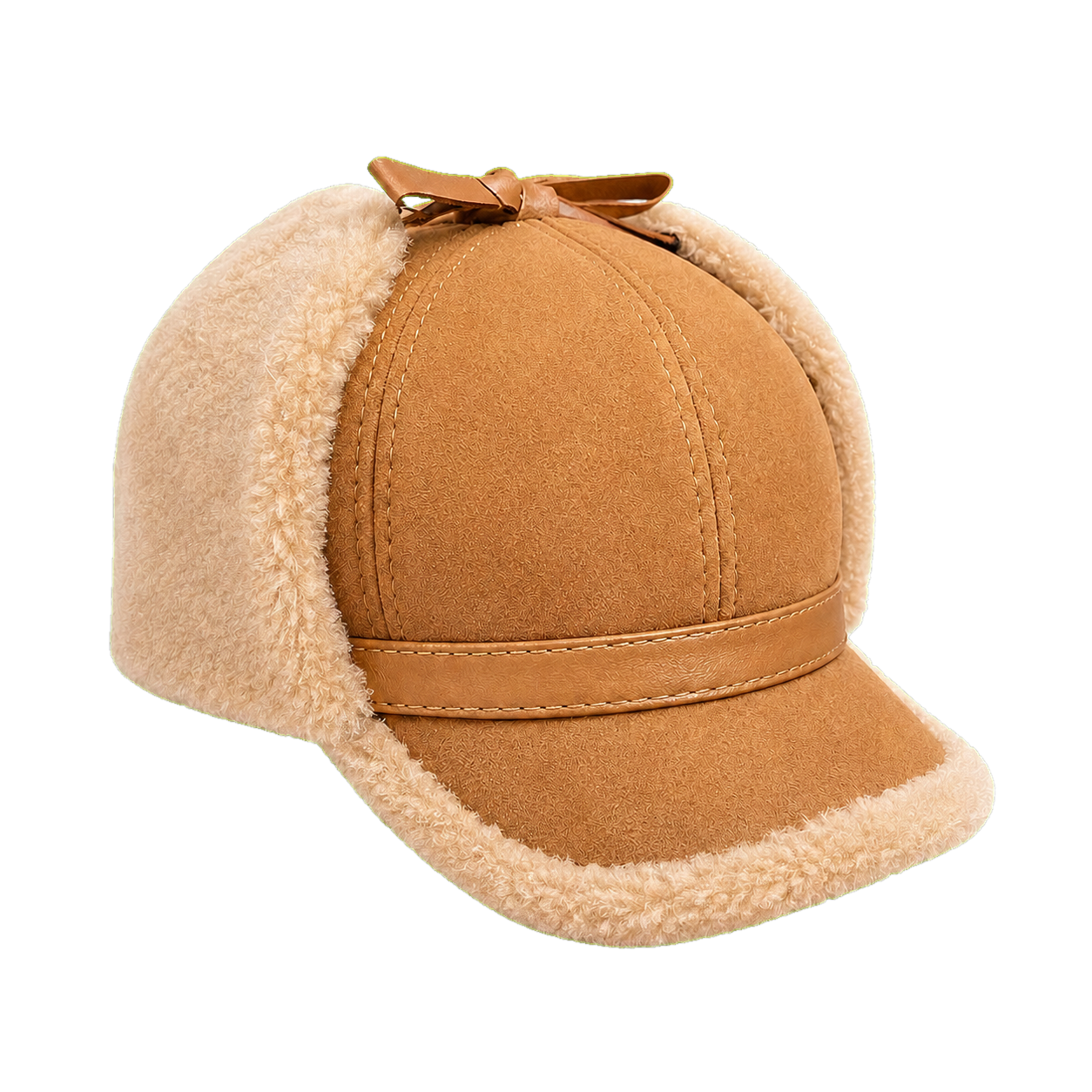 Camel Tan men's genuine sheepskin leather and lamb wool earflap cap on transparent background