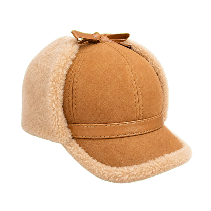 Camel Tan men's genuine sheepskin leather and lamb wool earflap cap on transparent background