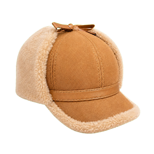 Camel Tan men's genuine sheepskin leather and lamb wool earflap cap on transparent background