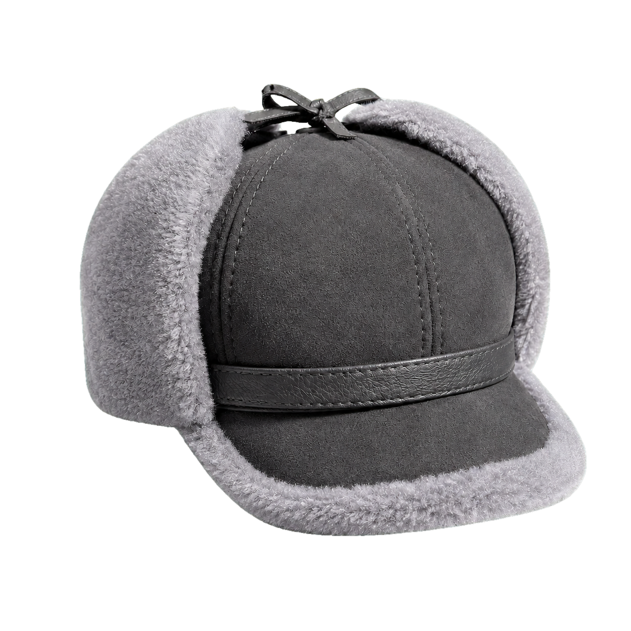 Charcoal Gray men's genuine sheepskin leather and lamb wool earflap cap on transparent background