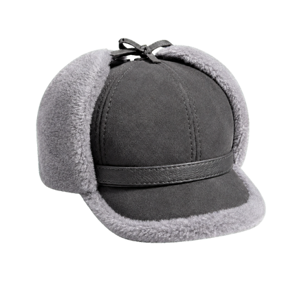 Charcoal Gray men's genuine sheepskin leather and lamb wool earflap cap on transparent background