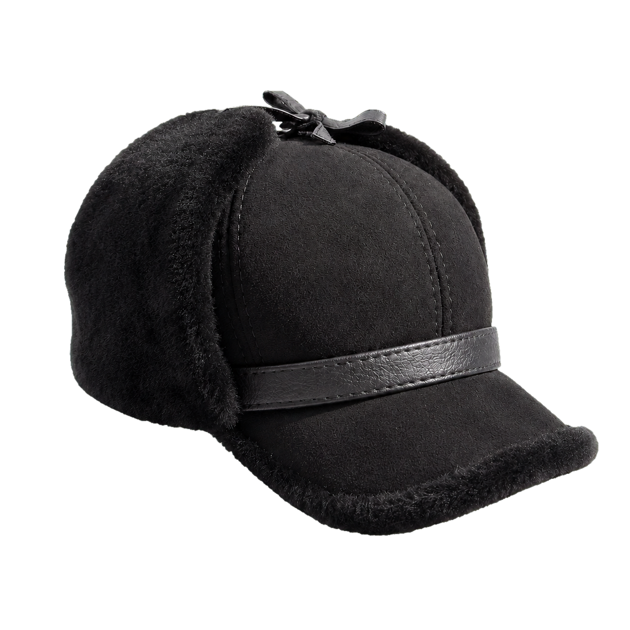 Jet Black men's genuine sheepskin leather and lamb wool earflap cap on transparent background