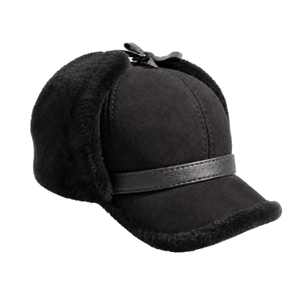 Jet Black men's genuine sheepskin leather and lamb wool earflap cap on transparent background