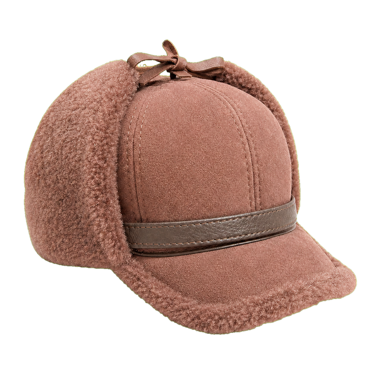 Mocha Brown men's genuine sheepskin leather and lamb wool earflap cap on transparent background