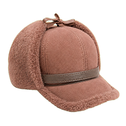 Mocha Brown men's genuine sheepskin leather and lamb wool earflap cap on transparent background