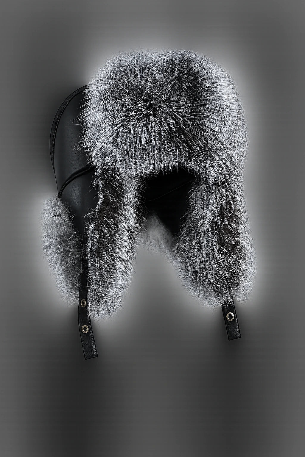 Men's silver fox fur and leather winter trapper hat