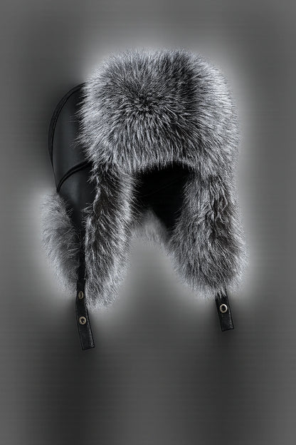 Men's silver fox fur and leather winter trapper hat