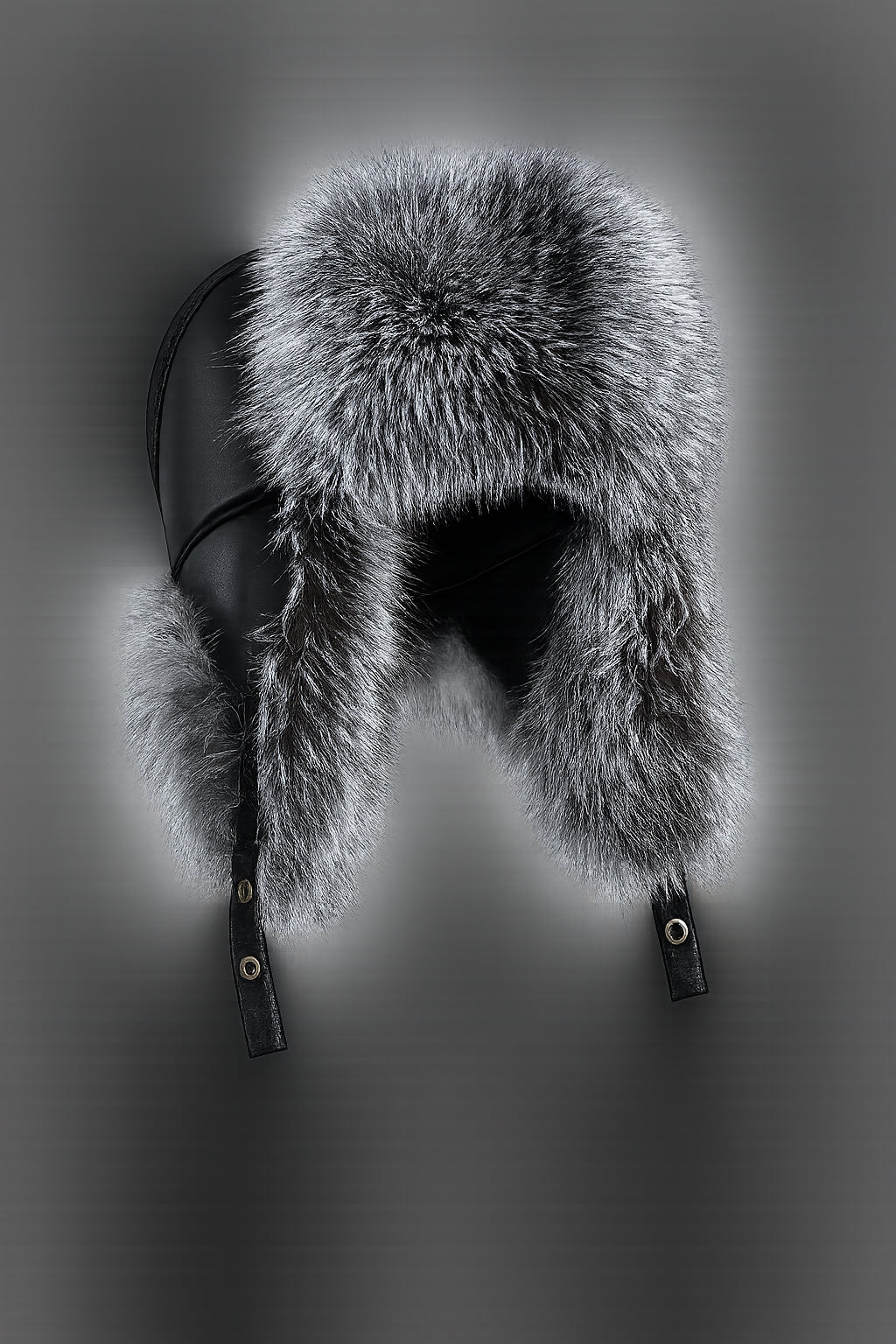 Men's silver fox fur and leather winter trapper hat