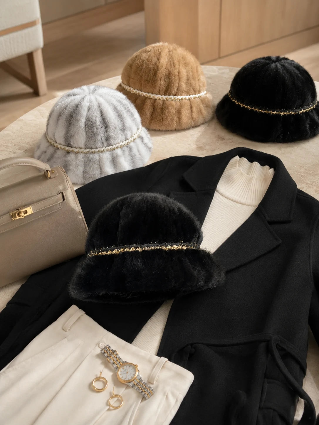 Natural Black, Silver Cross, and Warm Beige mink fur bucket hat styling