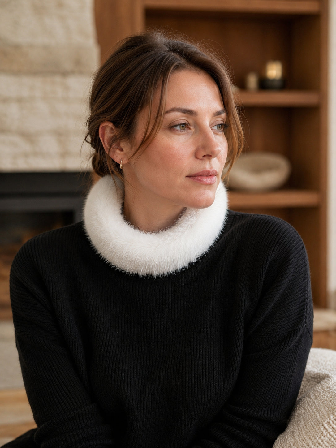 Woman wearing an ivory mink fur circular collar scarf indoors