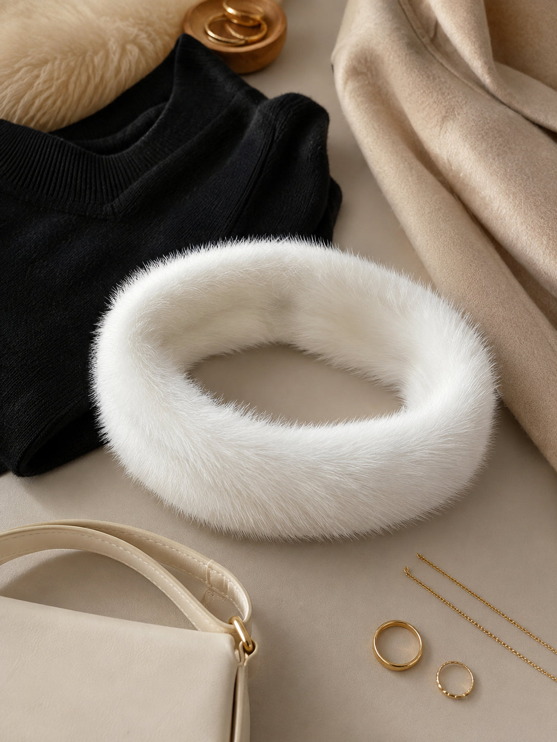 Ivory mink fur collar scarf styled with neutral winter accessories