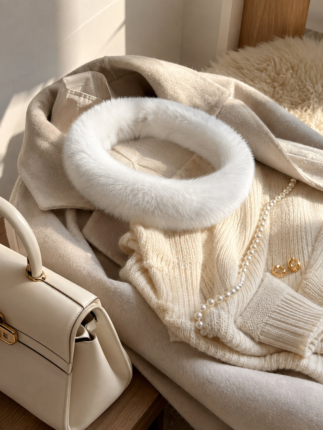 Ivory mink fur collar scarf in a neutral winter wardrobe flat lay