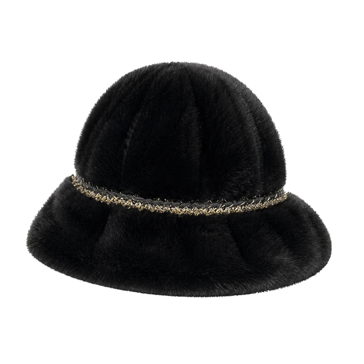 Natural Black genuine mink fur bucket hat with delicate chain trim, front product view