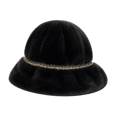 Natural Black genuine mink fur bucket hat with delicate chain trim, front product view