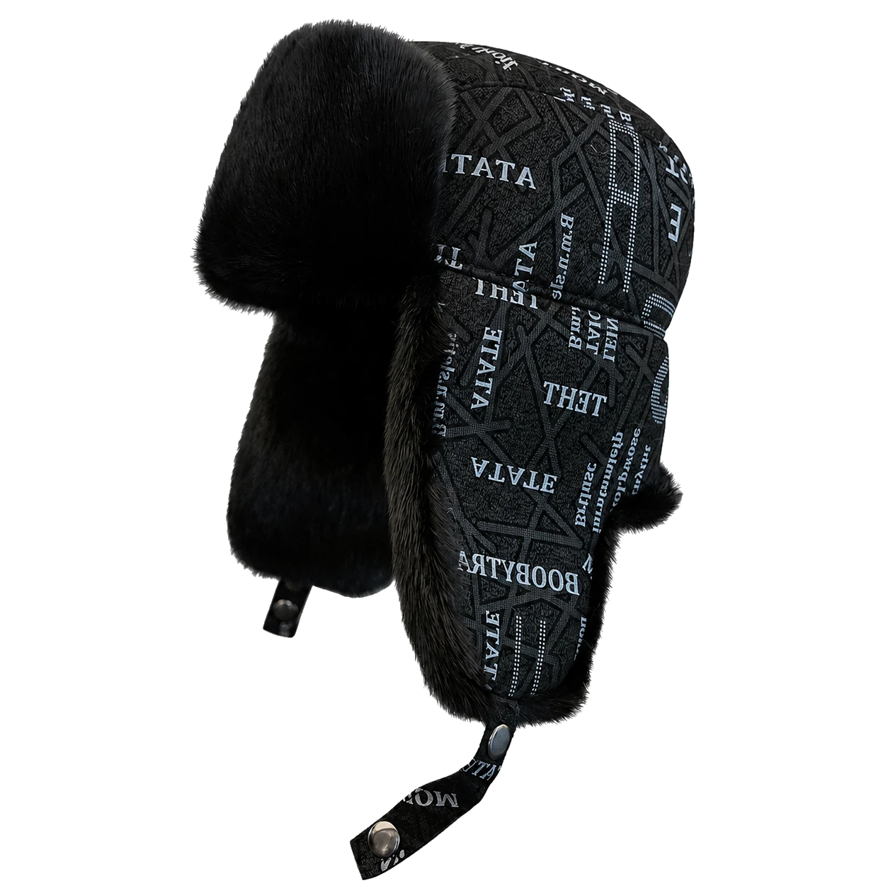 Natural Black genuine mink fur and printed sheepskin leather trapper hat, side product view