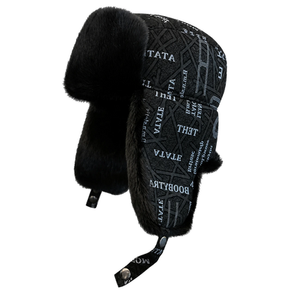 Natural Black genuine mink fur and printed sheepskin leather trapper hat, side product view