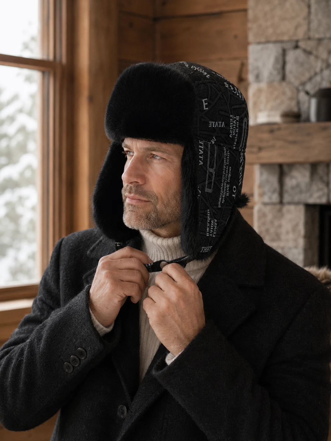 Natural Black mink fur trapper hat chin strap and construction detail