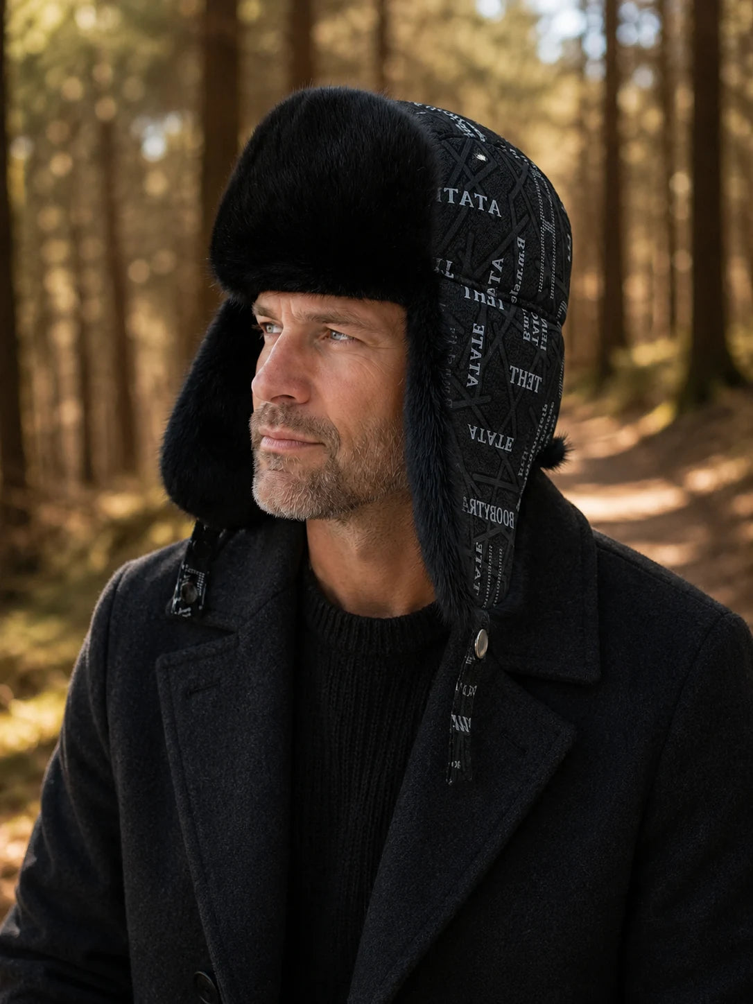 Man wearing the Natural Black mink fur and sheepskin leather trapper hat in a forest