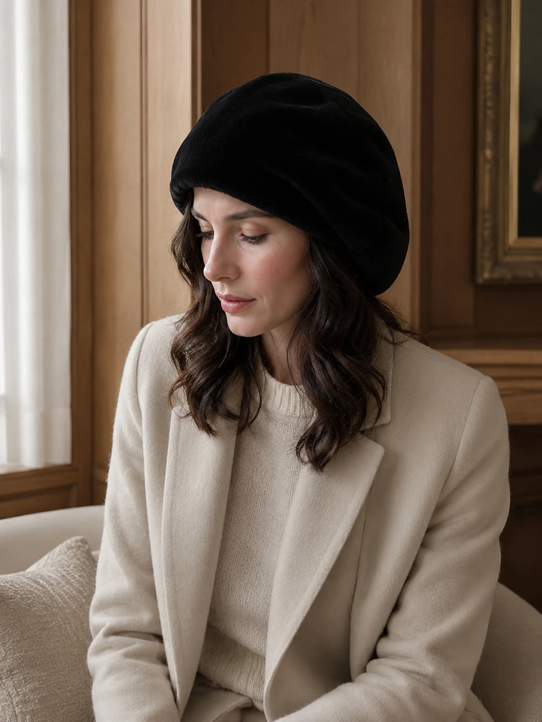 Woman styling the Natural Black genuine Rex rabbit fur beret indoors