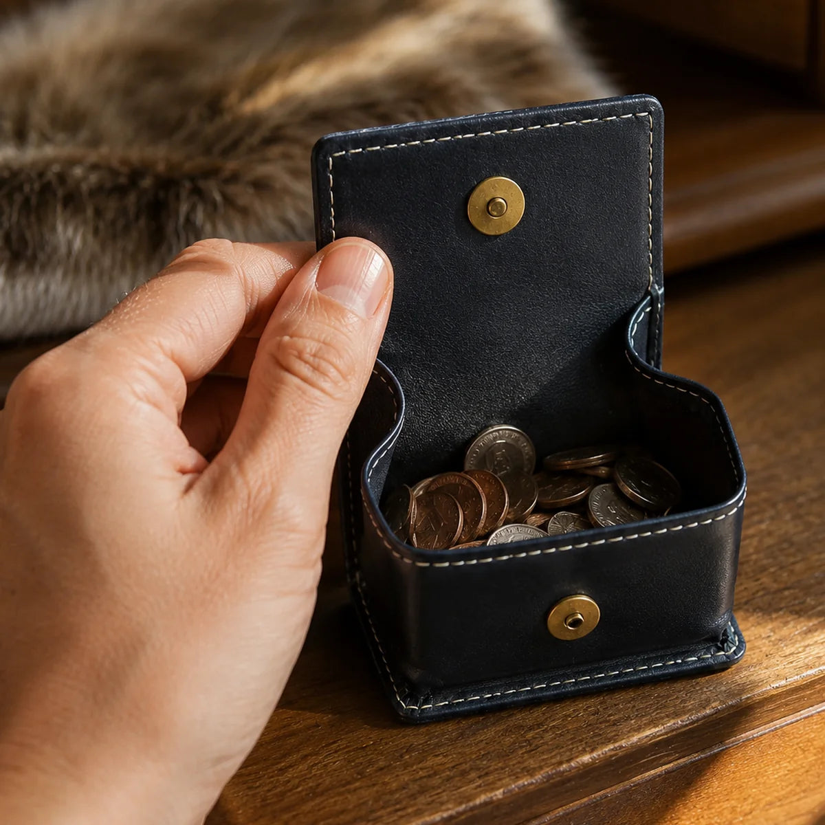 Open deep navy leather coin purse showing stitched construction