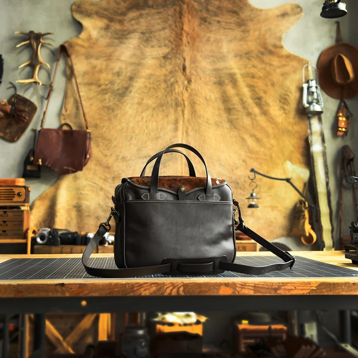 Vintage briefcase displayed in a leather workshop