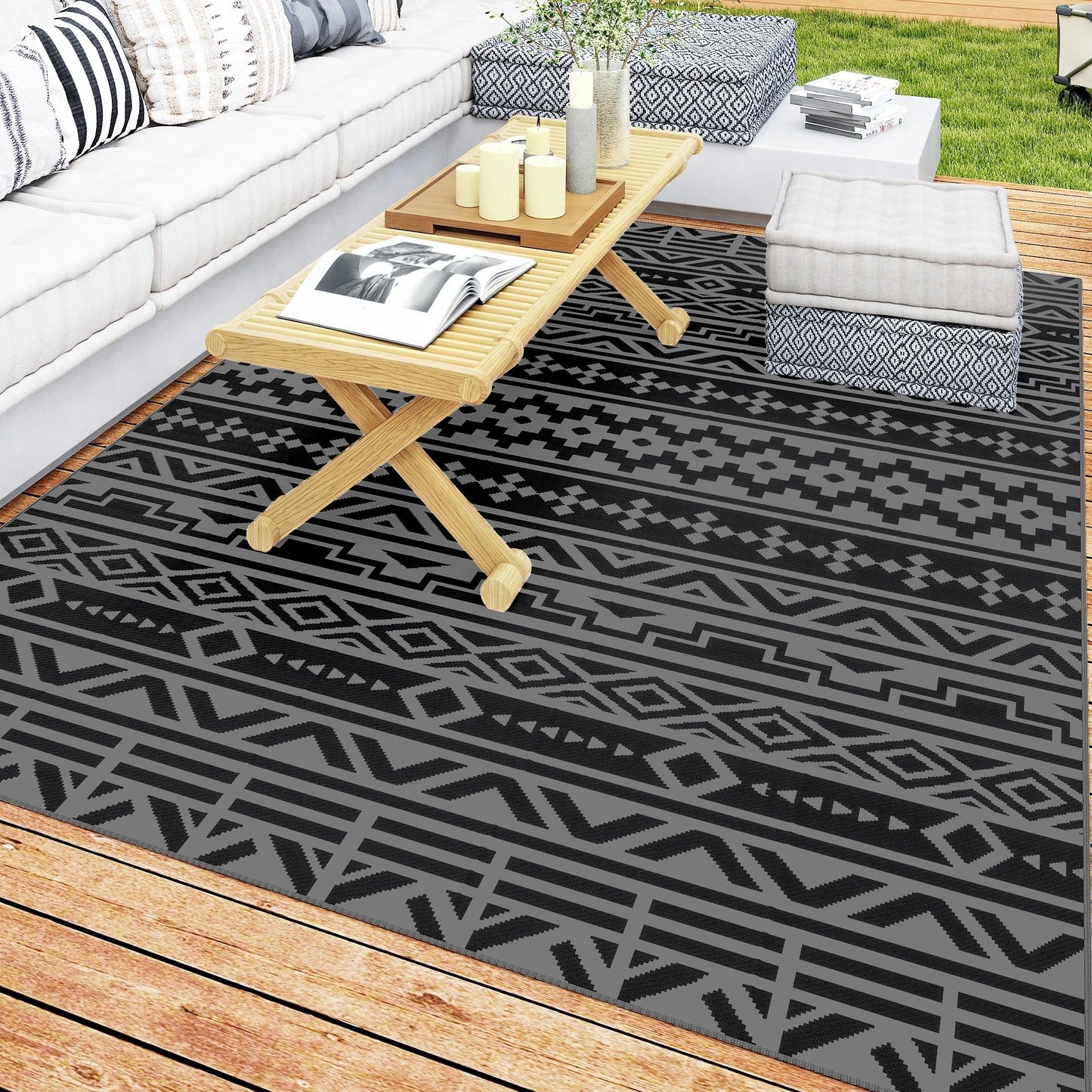 Outsunny Reversible Black & Gray Geometric Wall Outdoor Patio Rug