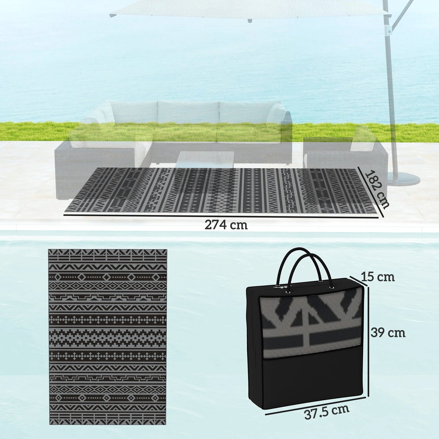 Outsunny Reversible Black & Gray Geometric Wall Outdoor Patio Rug