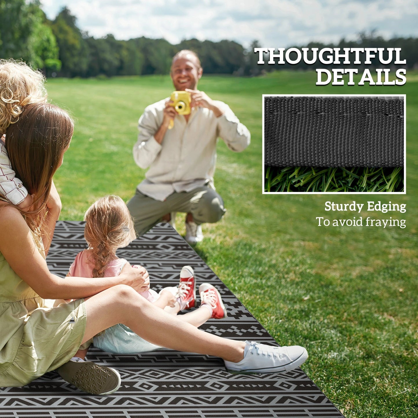 Outsunny Reversible Black & Gray Geometric Wall Outdoor Patio Rug