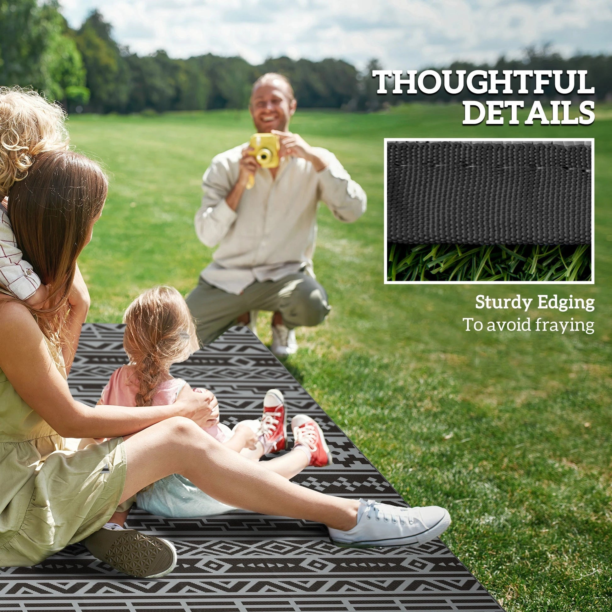 Outsunny Reversible Black & Gray Geometric Wall Outdoor Patio Rug