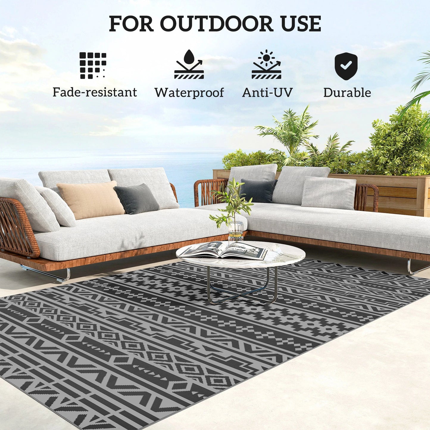 Outsunny Reversible Black & Gray Geometric Wall Outdoor Patio Rug