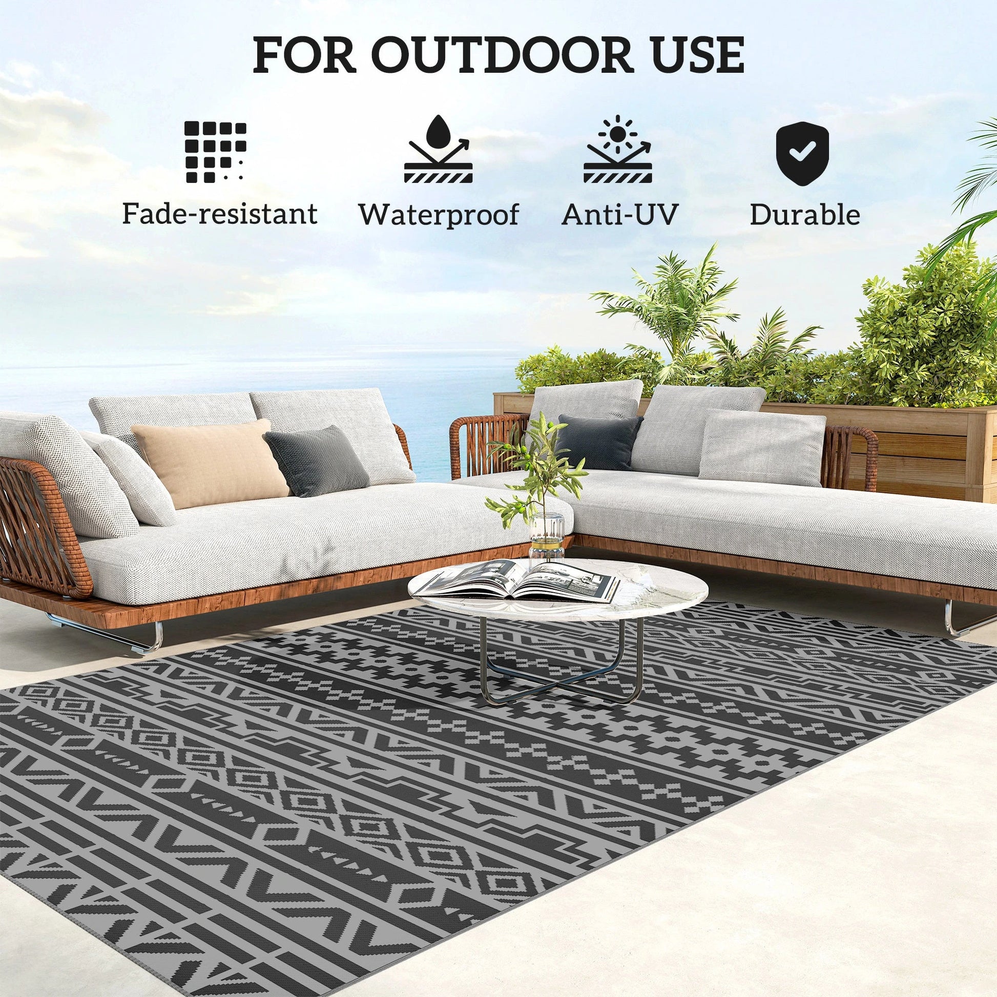 Outsunny Reversible Black & Gray Geometric Wall Outdoor Patio Rug