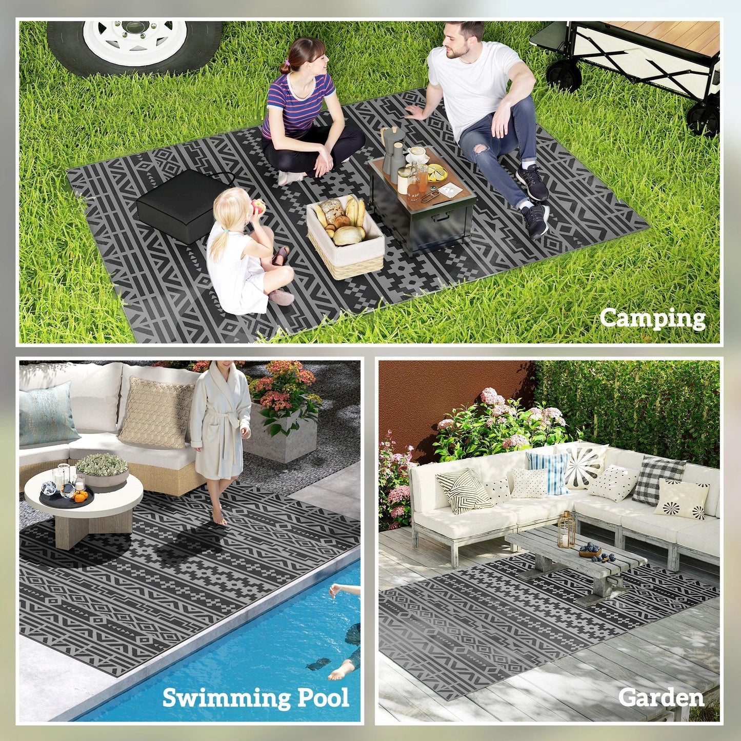 Outsunny Reversible Black & Gray Geometric Wall Outdoor Patio Rug